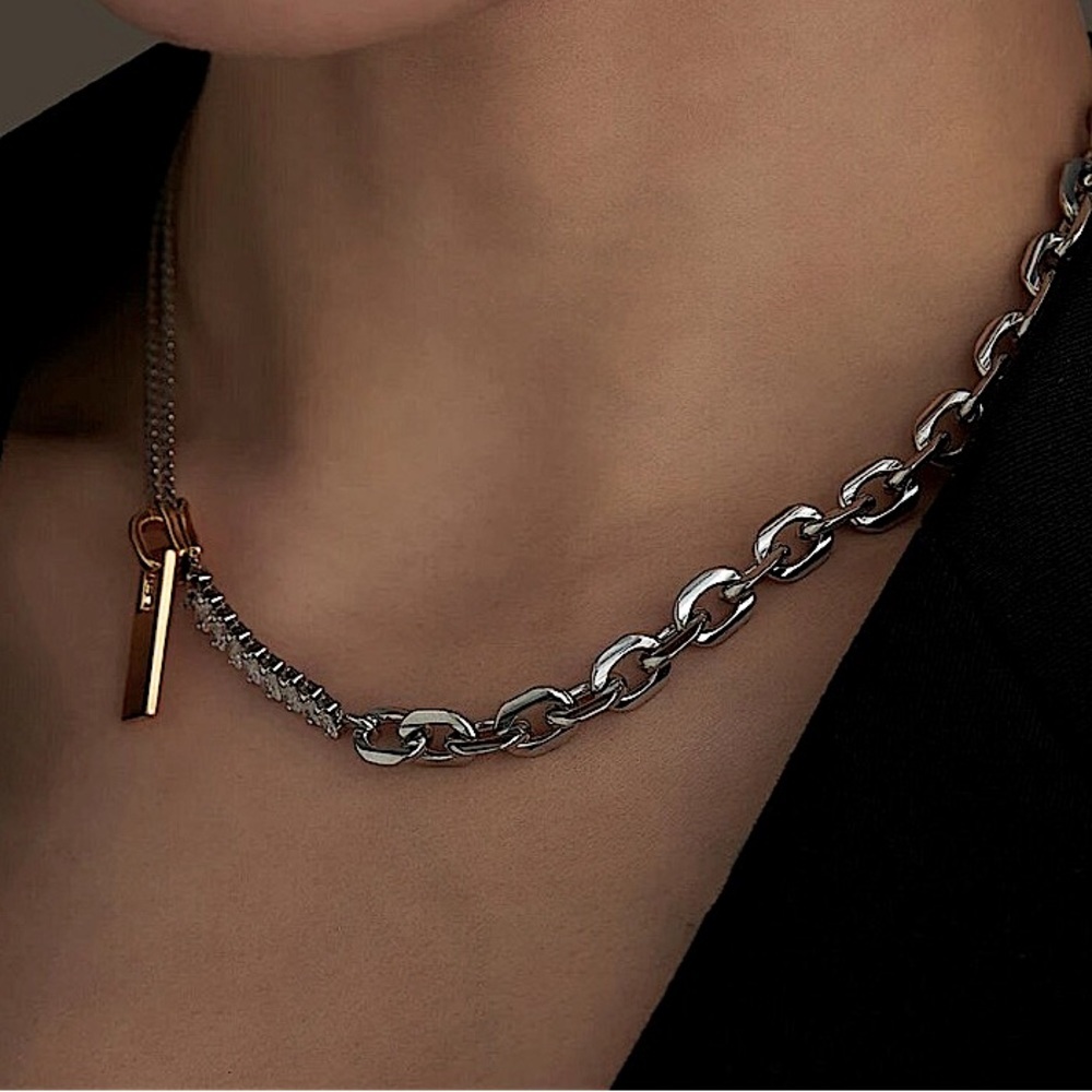 Sterling Silver Chain Link Zircon Zipper Herringbone Punk Choker Necklace - Picture 10 of 11